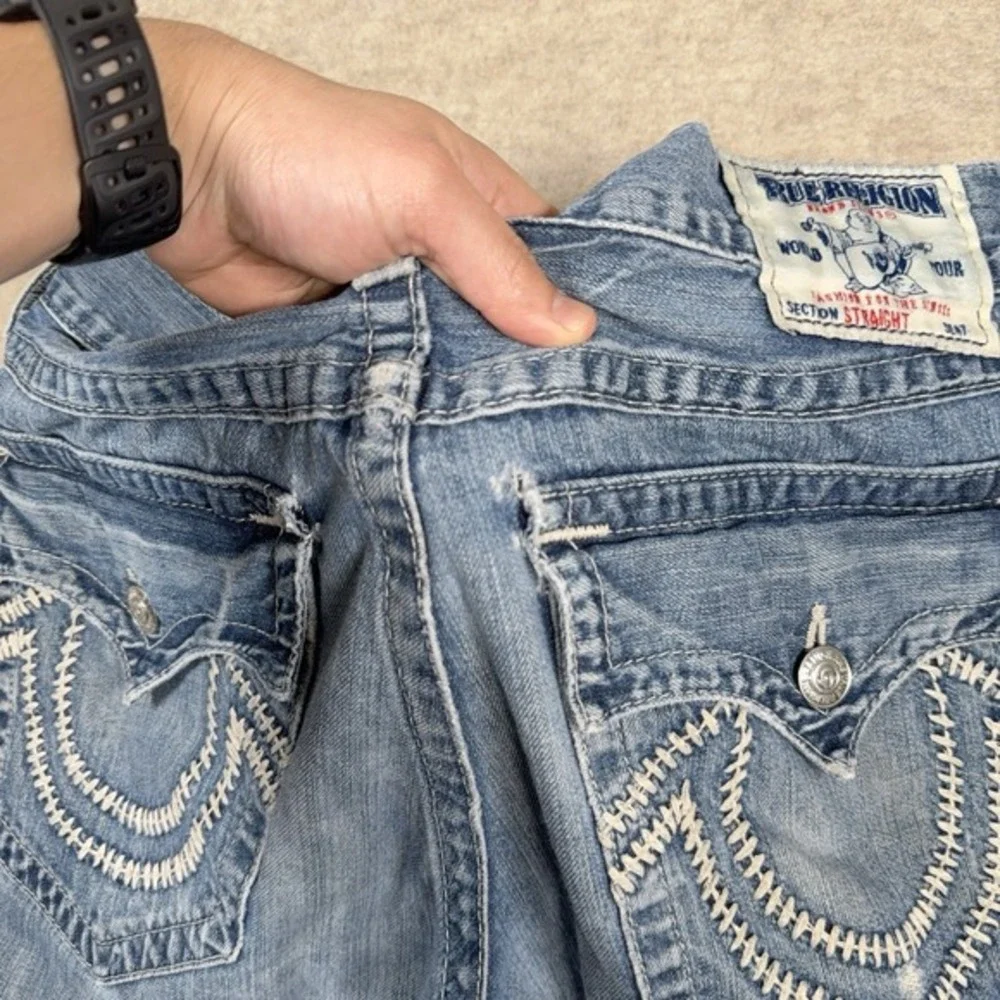 True Religion Straight Leg Jeans Flaps Blue‎ Distressed Mens 33x31 Denim *Read*